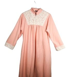 Vanity Fair Vintage House Coat Robe Floral Pink Ivory Half Zip Micro-Fleece